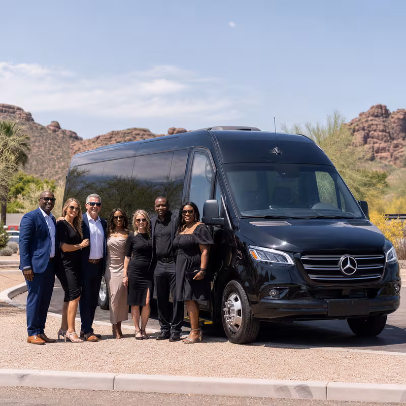 Group beside a Mercedes Sprinter limo from the Glendale fleet