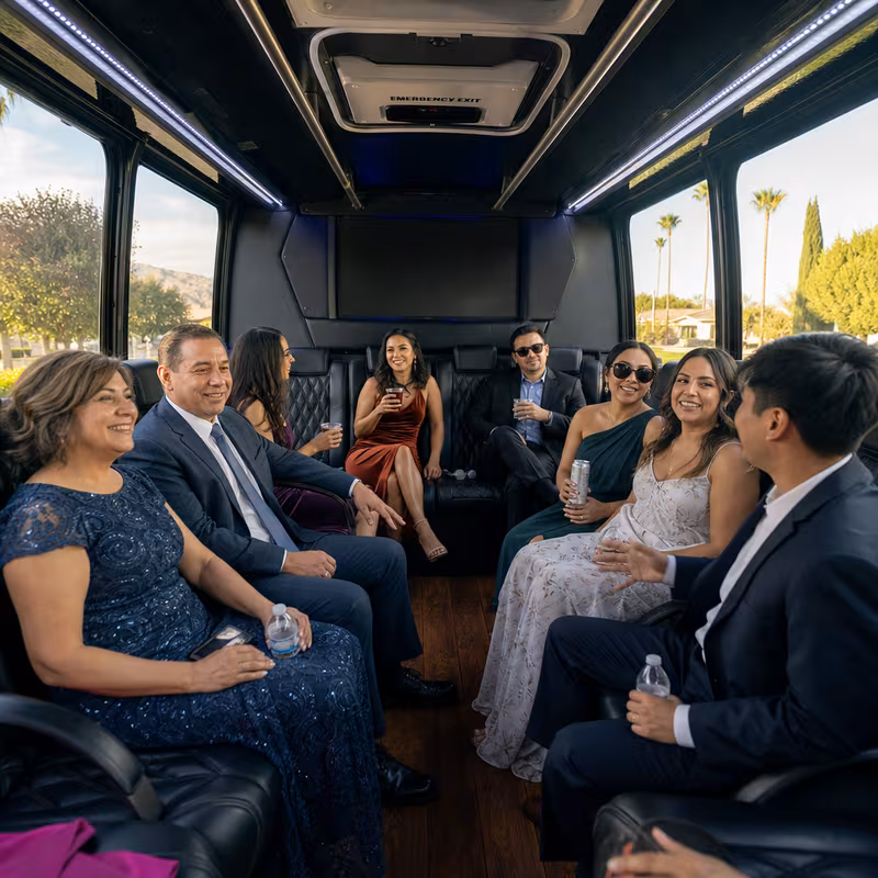 Wedding guests seated inside a Glendale party bus