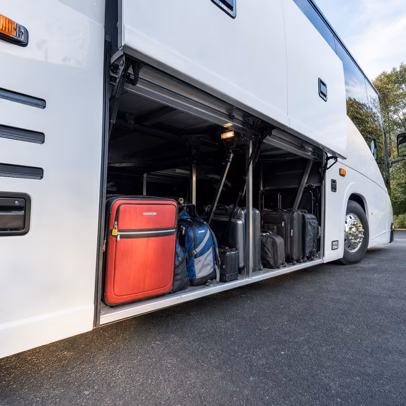 Party bus interior with wraparound leather seating and LED lighting in Glendale