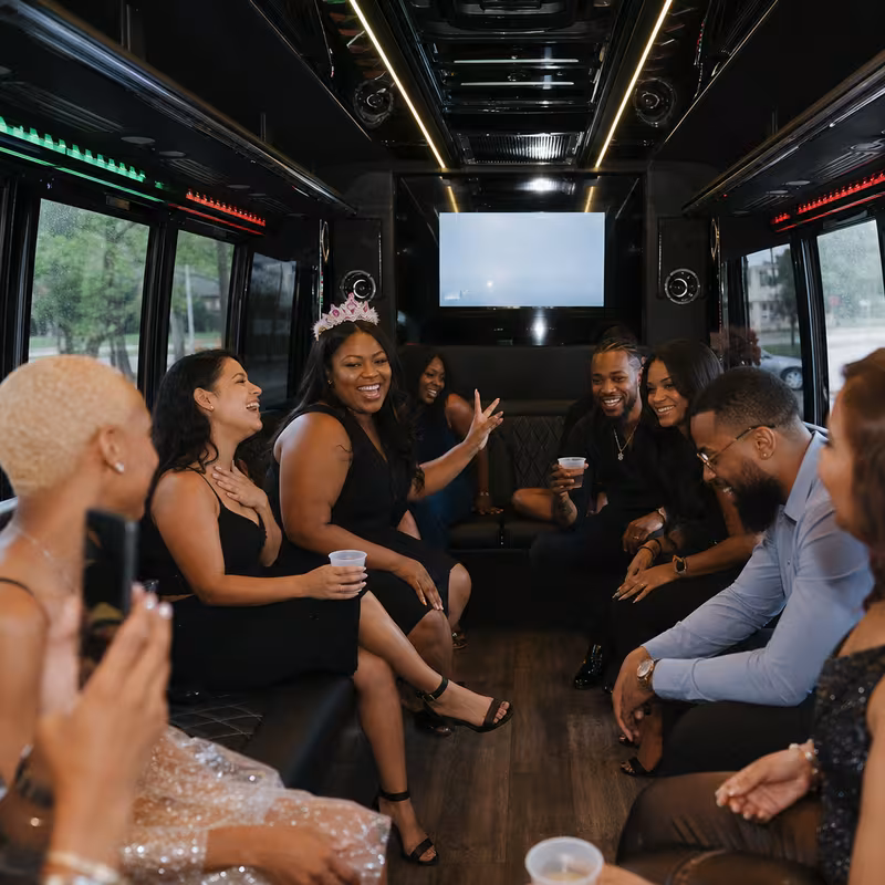 Black Mercedes Sprinter van staged for an Glendale Birthday Transportation group