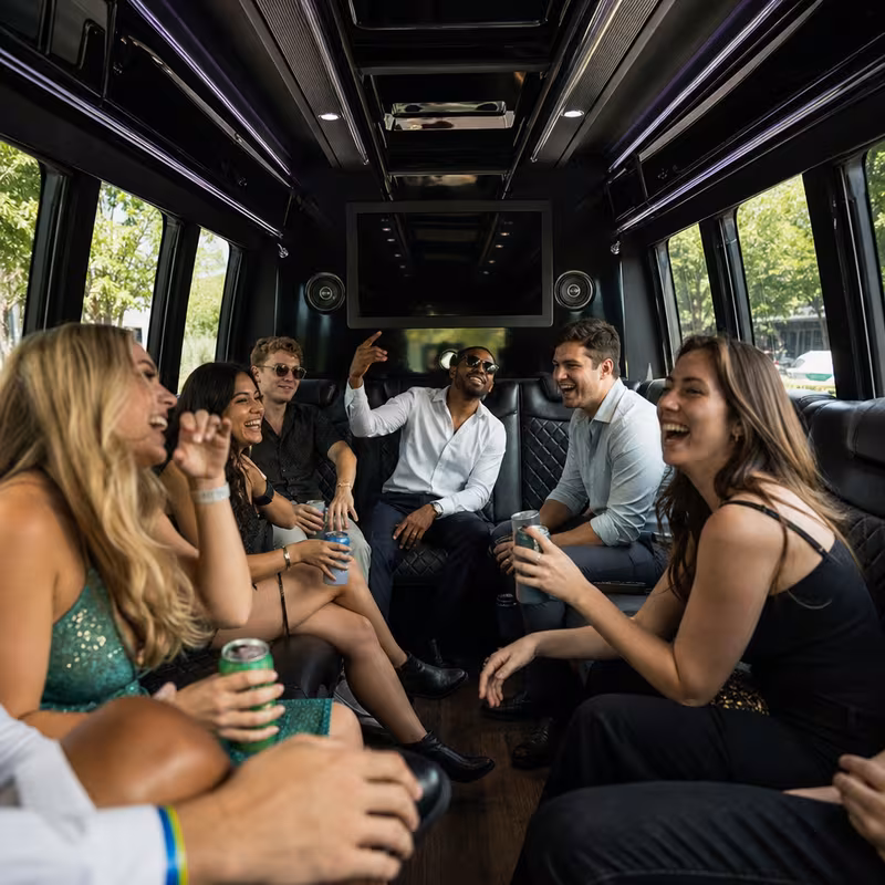 Group boarding a white charter bus for Concert Transportation transportation in Glendale