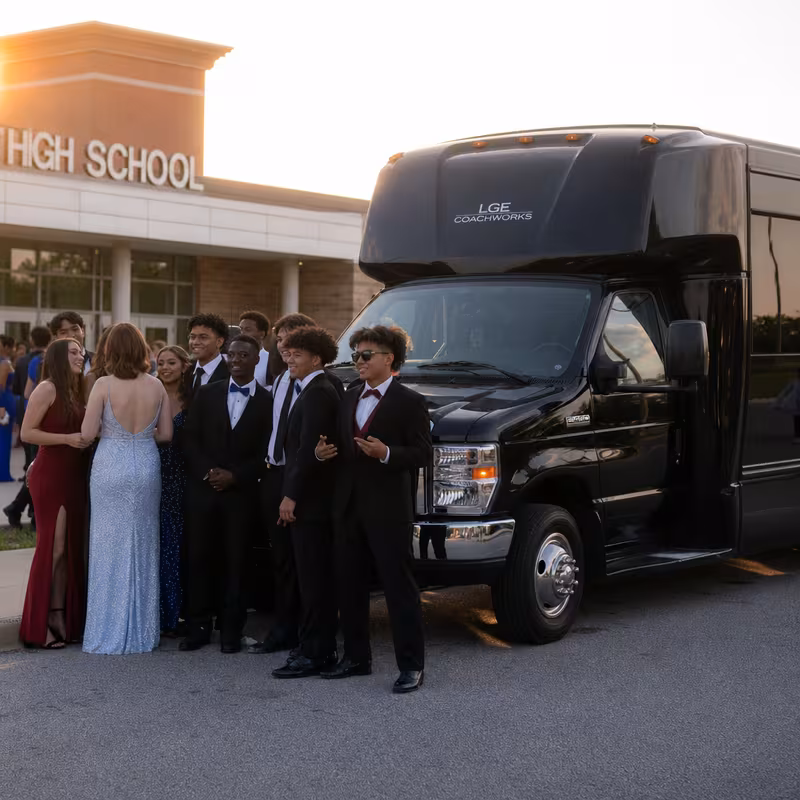 Group boarding a white charter bus for Prom & Homecoming Transportation transportation in Glendale