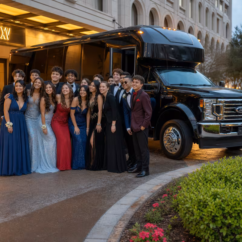 Party bus interior with wraparound leather seating and LED lighting in Glendale