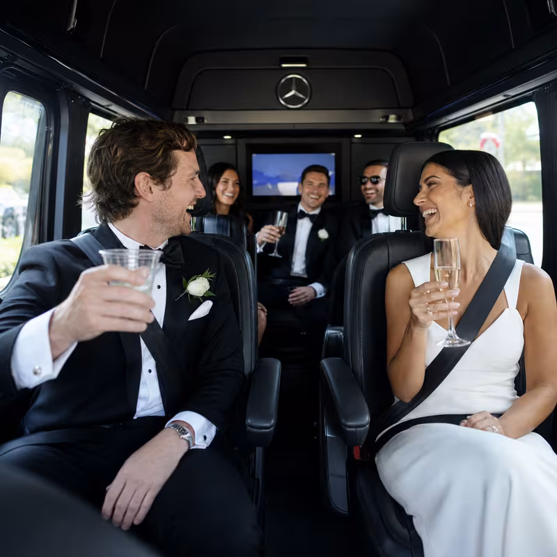 Black Mercedes Sprinter van staged for an Glendale Wedding Transportation group