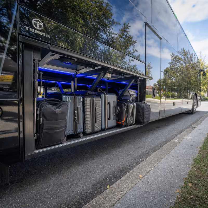 Party bus interior with wraparound leather seating and LED lighting in Glendale
